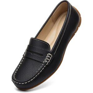 Kordal Women's Black Leather Comfortable & Lightweight Penny Loafers Flats